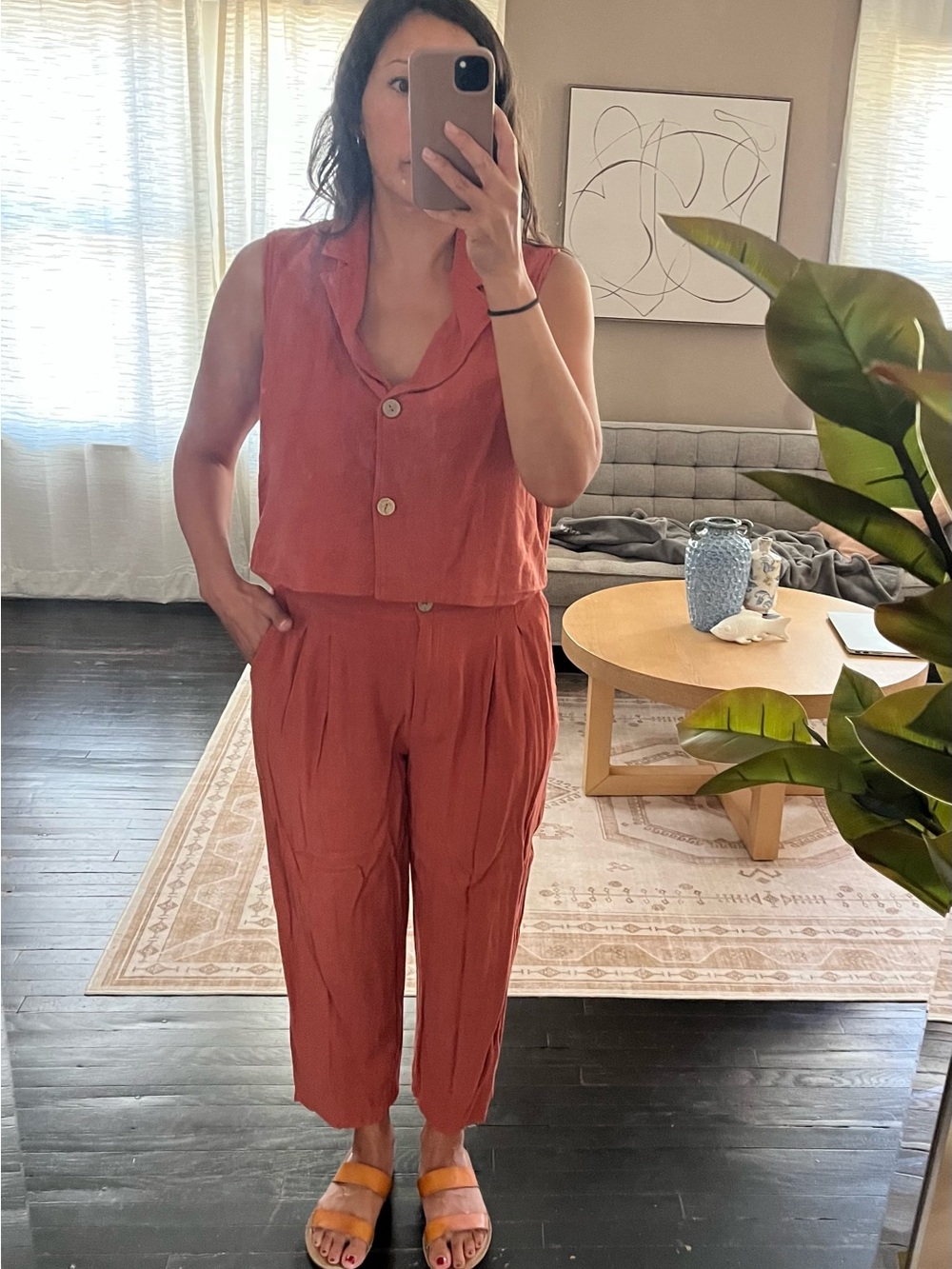 Sleeveless Cropped Jumpsuit in Rust with Button Front